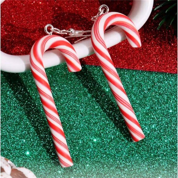 2" Red & White Striped Peppermint Candy Cane Christmas Earrings - Picture 2 of 2
